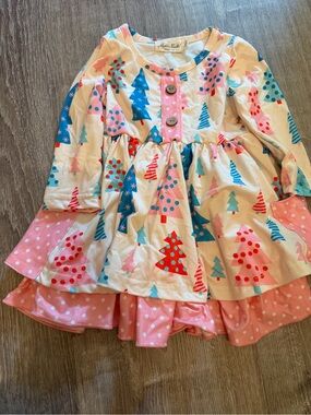 Marie Nicole Pink Cream Blue Holiday Tree Print Tiered Dress